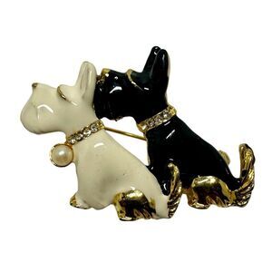 Black & White Enamel Schnauzers Rhinestone Collars One Pearl Brooch Pin